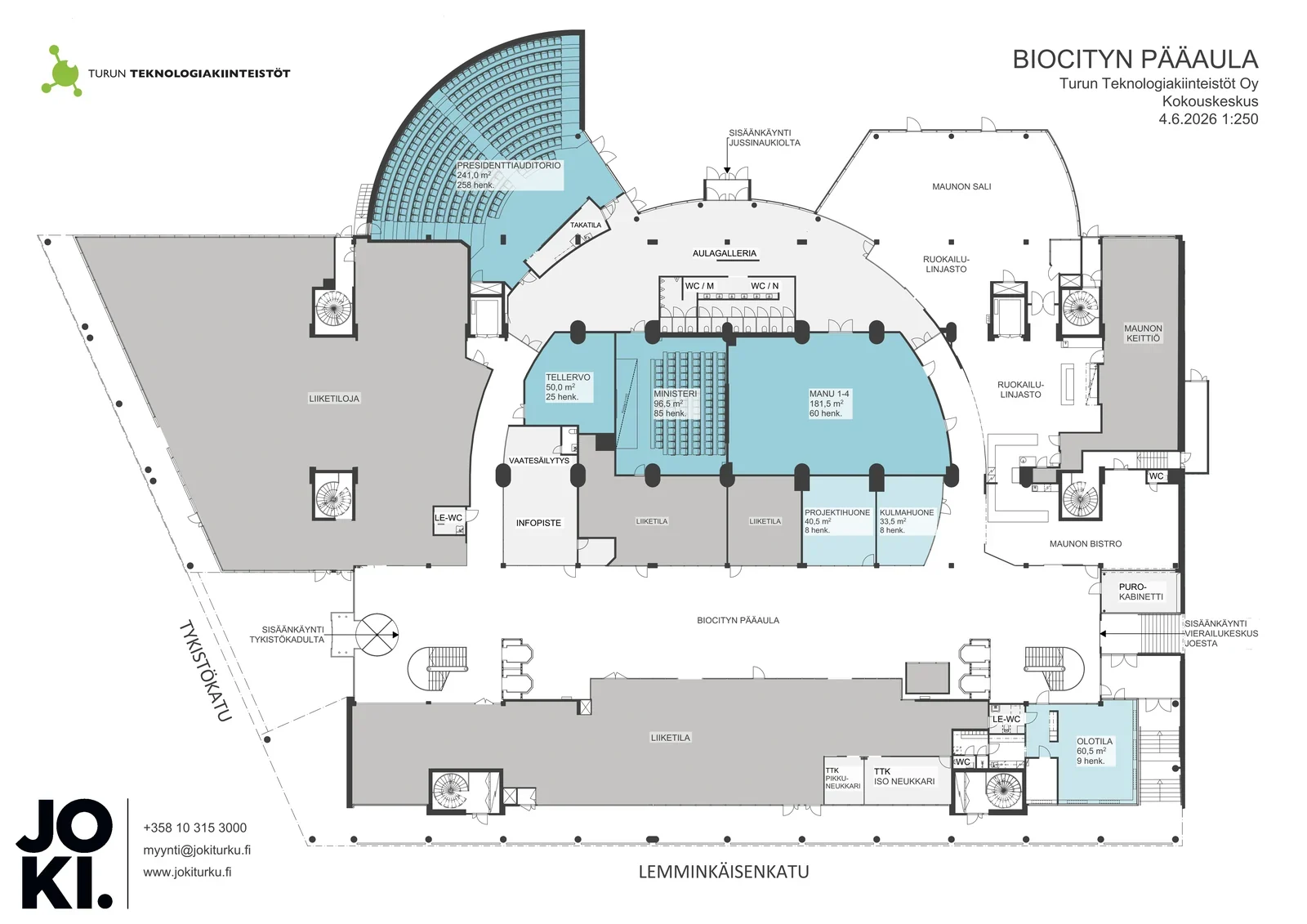 BioCity ground floor plan: the long main lobby (build area) along Lemminkäisenkatu, the curved Aulagalleria with the north-east entrance from Jussin aukio, the restaurant serving lines and the passage to Joki at the south-east end.