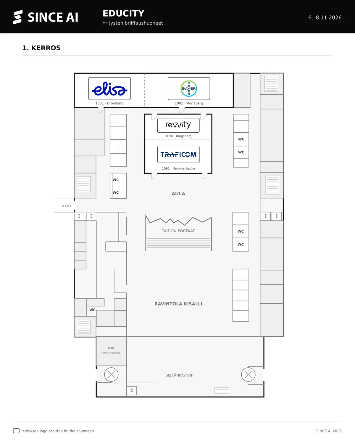 EduCity floor 1 plan with company briefing rooms: Elisa in 1001 Dromberg, Bayer in 1002 Moriaberg, Revvity in 1090 Ringsberg and Traficom in 1091 Hammarbacka, around the lobby and Taidon portaat.