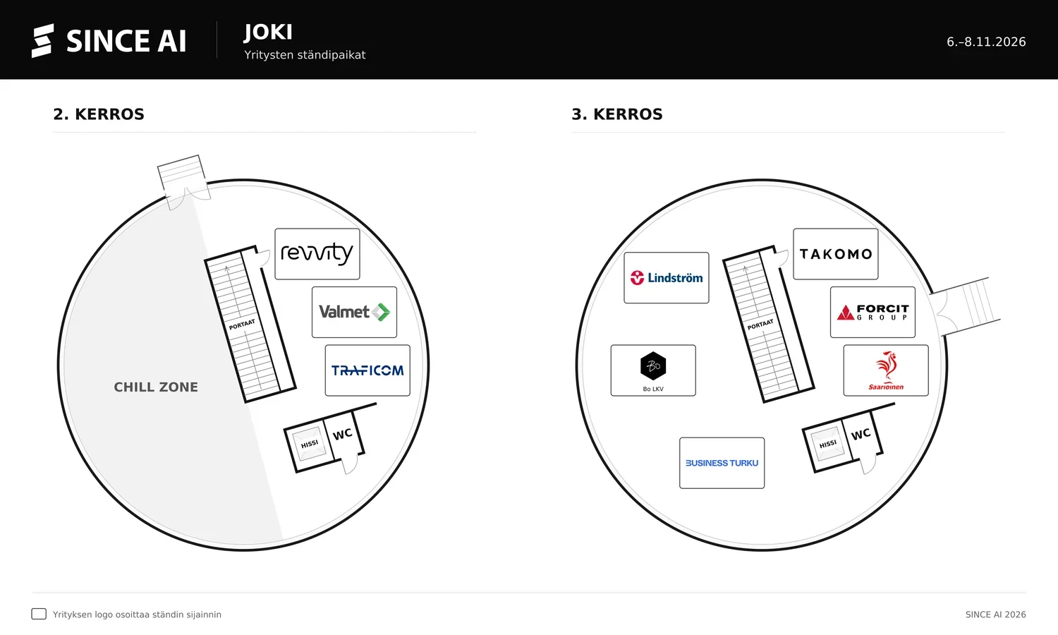 Joki tower floors 2 and 3. Floor 2: Revvity, Valmet and Traficom with a Chill Zone. Floor 3: Lindström, Bo LKV, Takomo Golf, Forcit Group, Saarioinen and Business Turku.